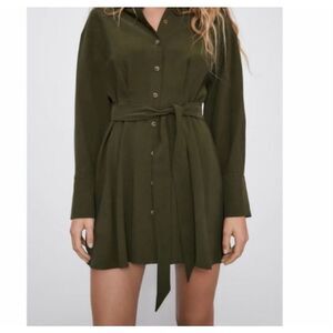 Zara army green button down shirt dress with tie waist size medium